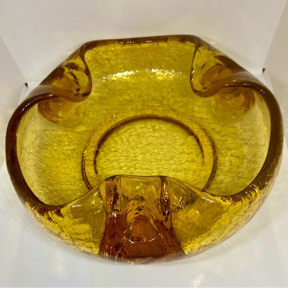 Vintage MCM Viking Amber Crackle Art Glass Ashtray Bowl Large 7.25” Heavy Dish - Picture 3 of 8